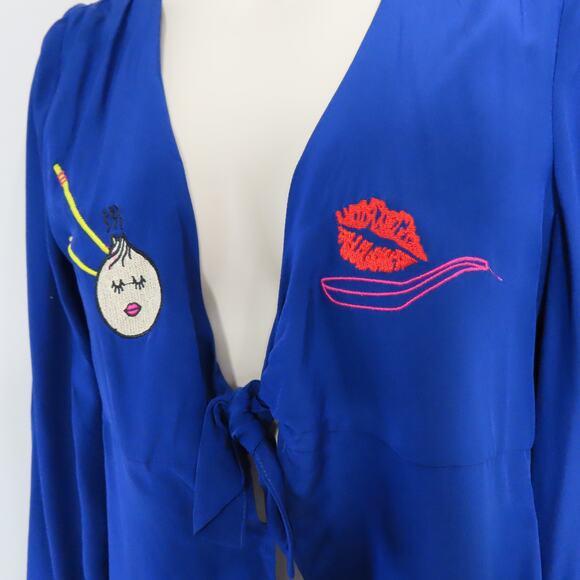 Yumi Kim Dewy Dumpling Silk Long Sleeve Chest Front Tie Blue Top Size Medium - Picture 4 of 8